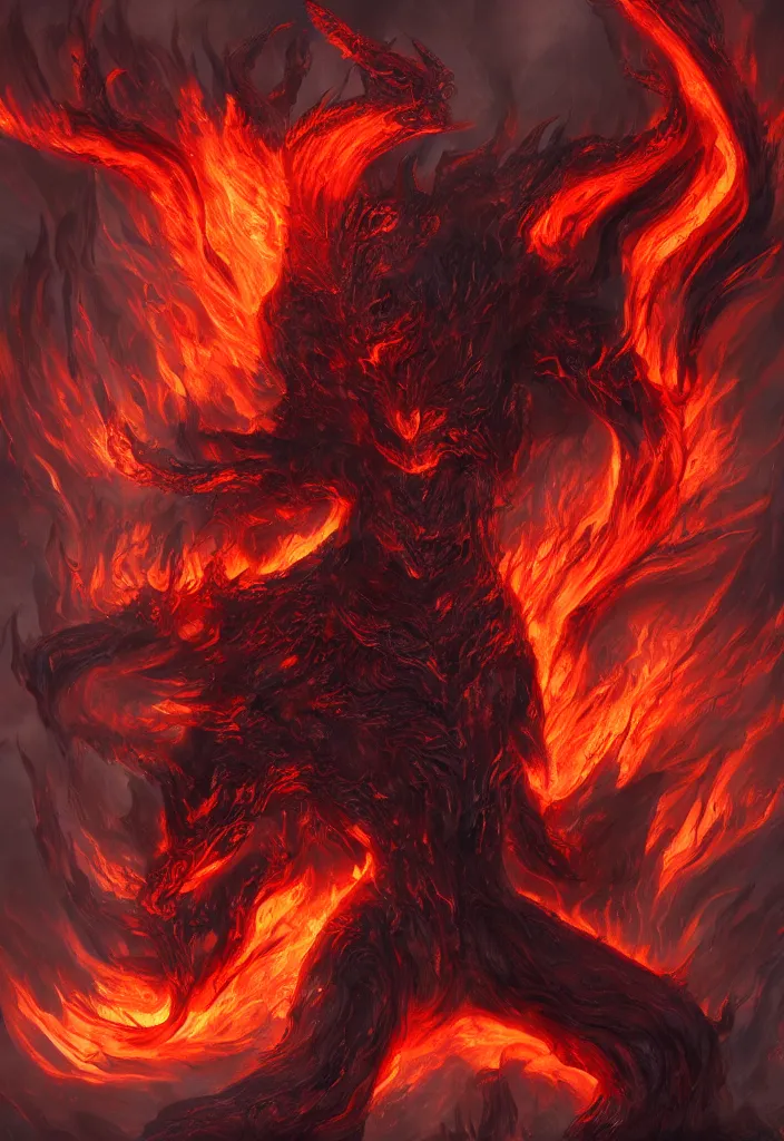Prompt: fiery god as a demon in a fiery hell, eerie, dark, magical, fantasy, trending on artstation, digital art.