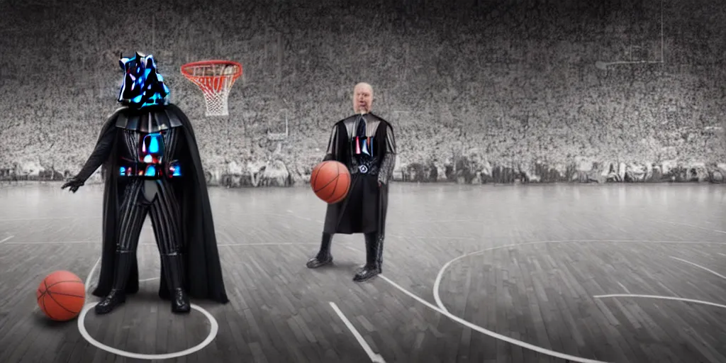 Prompt: Darth Vader in a basketball jersey at a basketball court, 4K photograph