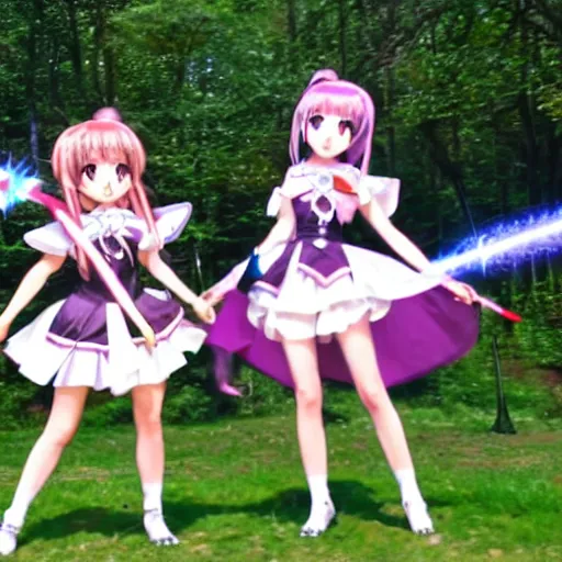 Prompt: a a battle of two real-life mahou shoujo girl using a magic attack, magic movie still frame