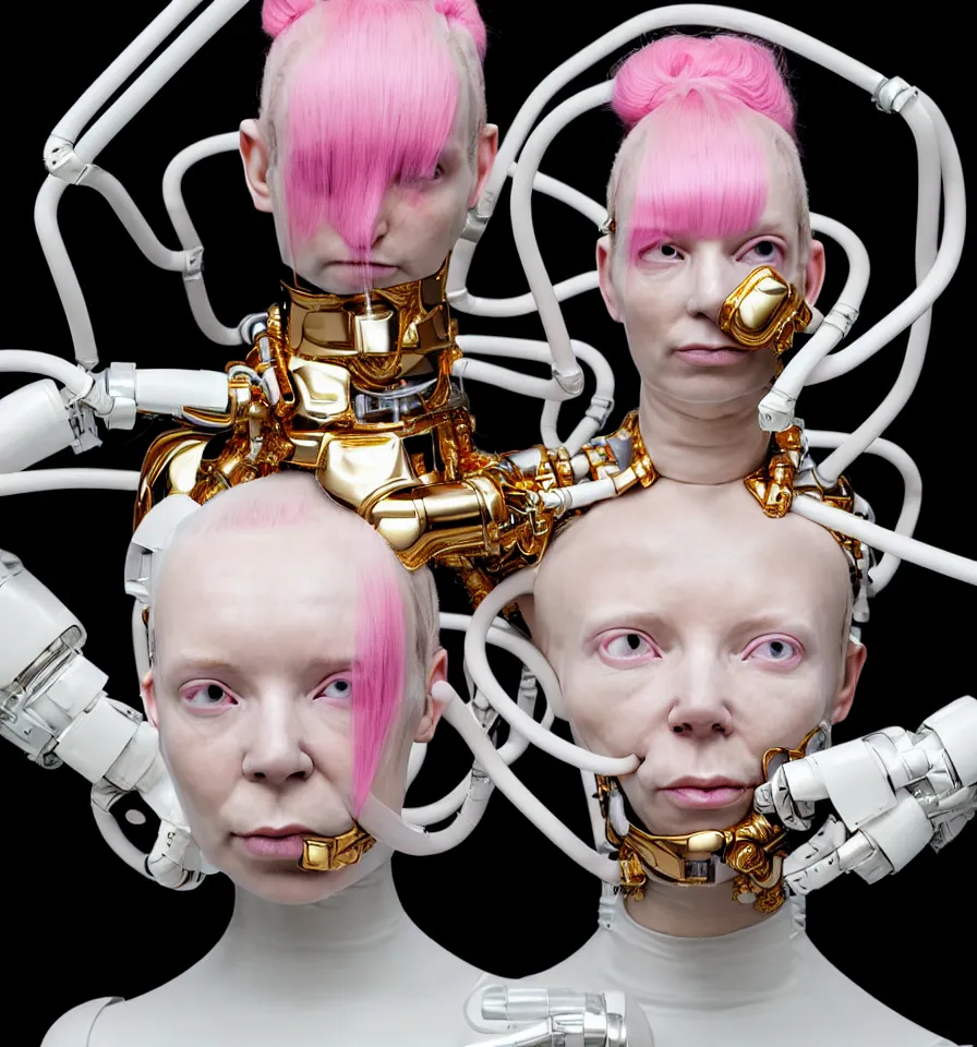 Image similar to portrait of a alien futuristic cyborg wearing a gold pipes fitted beauty mask and pink hair buns, wearing a black bodysuit by alexander mcqueen, cream white background, perfectly symmetric, soft diffused light, biotechnology, humanoid robot, hanging electrical cables and pipes, bjork aesthetic, translucent, by rineke dijkstra, intricate details, highly detailed, masterpiece,