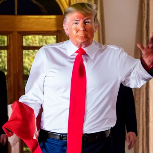 Prompt: donald trump wearing white shirt and red tie