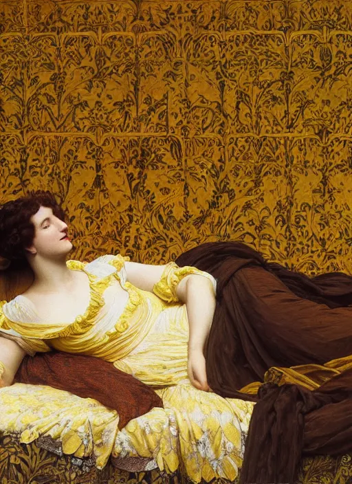 Image similar to masterpiece portrait of lady reclining on bed wearing yellow ochre ornate medieval dress, vertical, foreshortening, colour photography by frederic leighton, william morris, 8 k