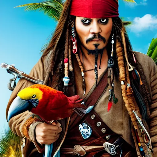 Image similar to jack sparrow with a parrot on the shoulder, portrait, 8k resolution, hyper detailed