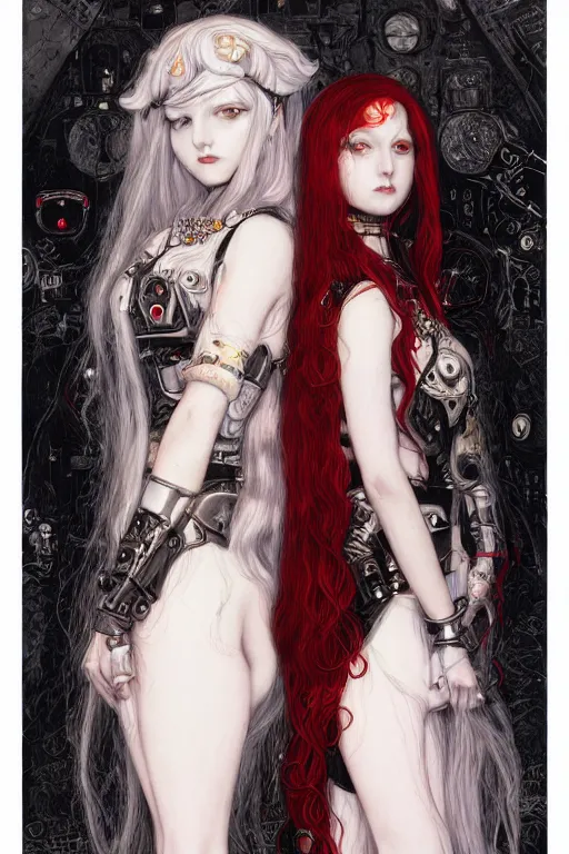 Image similar to portrait of two cute beautiful young goth maidens, red hairs and white hairs, cyberpunk, Warhammer 40000, gothic, highly detailed, artstation, illustration, art by Gustav Klimt and Range Murata