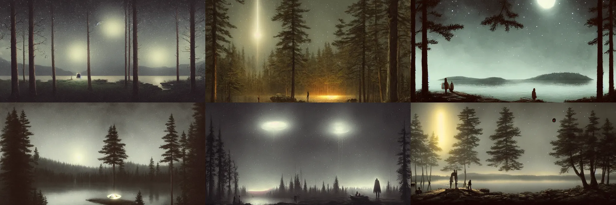 Prompt: Far away giant UFO with lights hovering over a lake with pine trees by Greg Rutkowski, dark, night