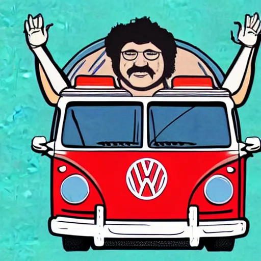 Prompt: illustration of jerry garcia (driving a Volkswagen bus) and waving