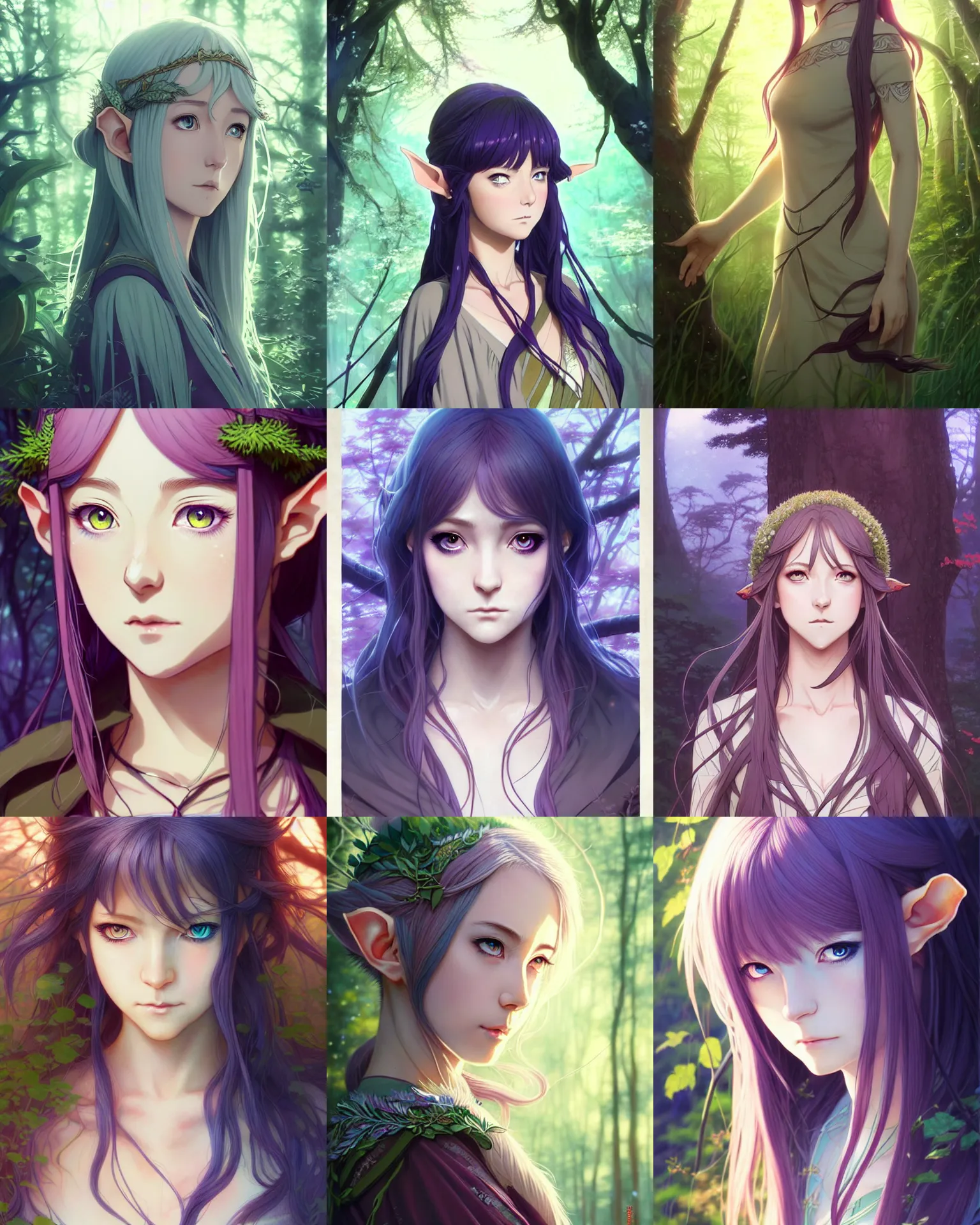 Prompt: A beautiful young elven druid || very anime, full-body portrait, official character art, fine-face, pretty face, foliage clothing, realistic shaded Perfect face, fine details. Anime. realistic shaded lighting poster by Ilya Kuvshinov katsuhiro otomo ghost-in-the-shell, magali villeneuve, artgerm, Jeremy Lipkin and Michael Garmash and Rob Rey