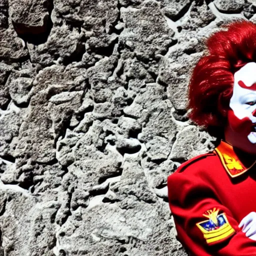 Prompt: ultrarealistic photograph of ronald mcdonald as a soldier in the battle of thermopylae, colorized, damaged