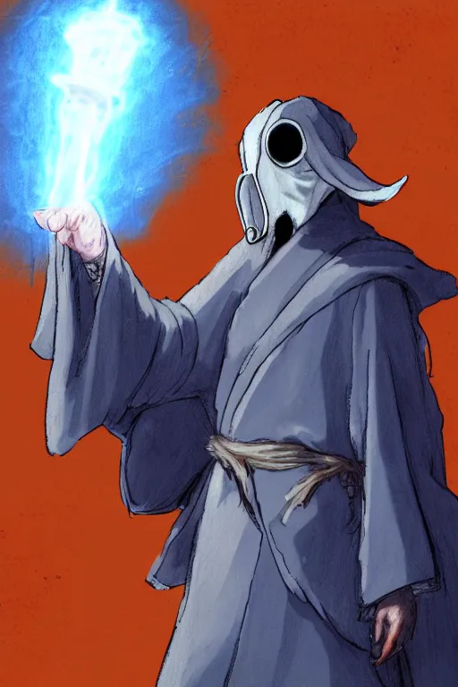 Image similar to a sketch of a plague doctor with a white plague mask and a blue wizard robe casting a orange light spell using his right hand, as a d & d character, blue robe, magical, blue and orange highlights, hip hop aesthetic, concept sheet, painting by gaston bussiere, demon slayer, akiri toriyama, dramatic lighting, professional digital art, anime
