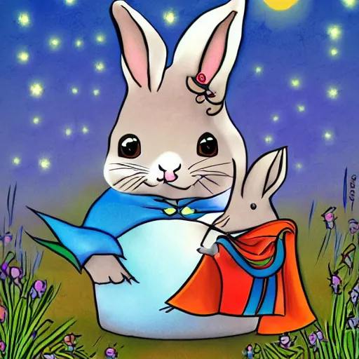 Prompt: a rabbit pulling a wizard out of a hat digital art