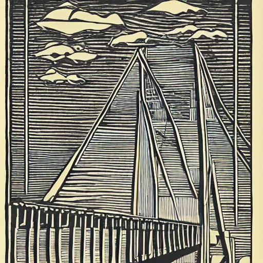 Image similar to small steel suspension bridge built in 1 9 2 8, side view, puffy clouds in background, ufo floating in the sky, woodcut style, rubber stamp, 8 k