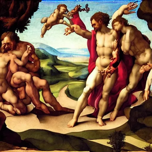 Prompt: Michelangelo's The Creation of Adam except God and Adam are women