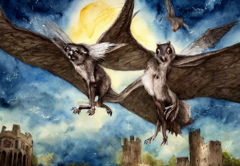 Image similar to epic winged possum flying over a medieval castle under a dark starred sky, dark fantasy, watercolor, dreaming illusion, highly detailed, 4k, trending on Artstation, award-winning