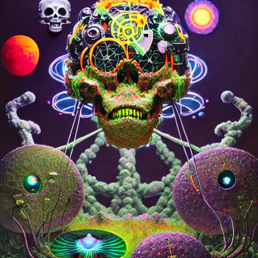 Image similar to sinister eldritch neural diaphanous skullpunk spirits in the enchanted intergalactic mecha garden, man - machine chimeric beholder polyphemous by okuda san miguel by jerimiah ketner by tatsuyuki tanaka by agostino arrivabene and wayne england