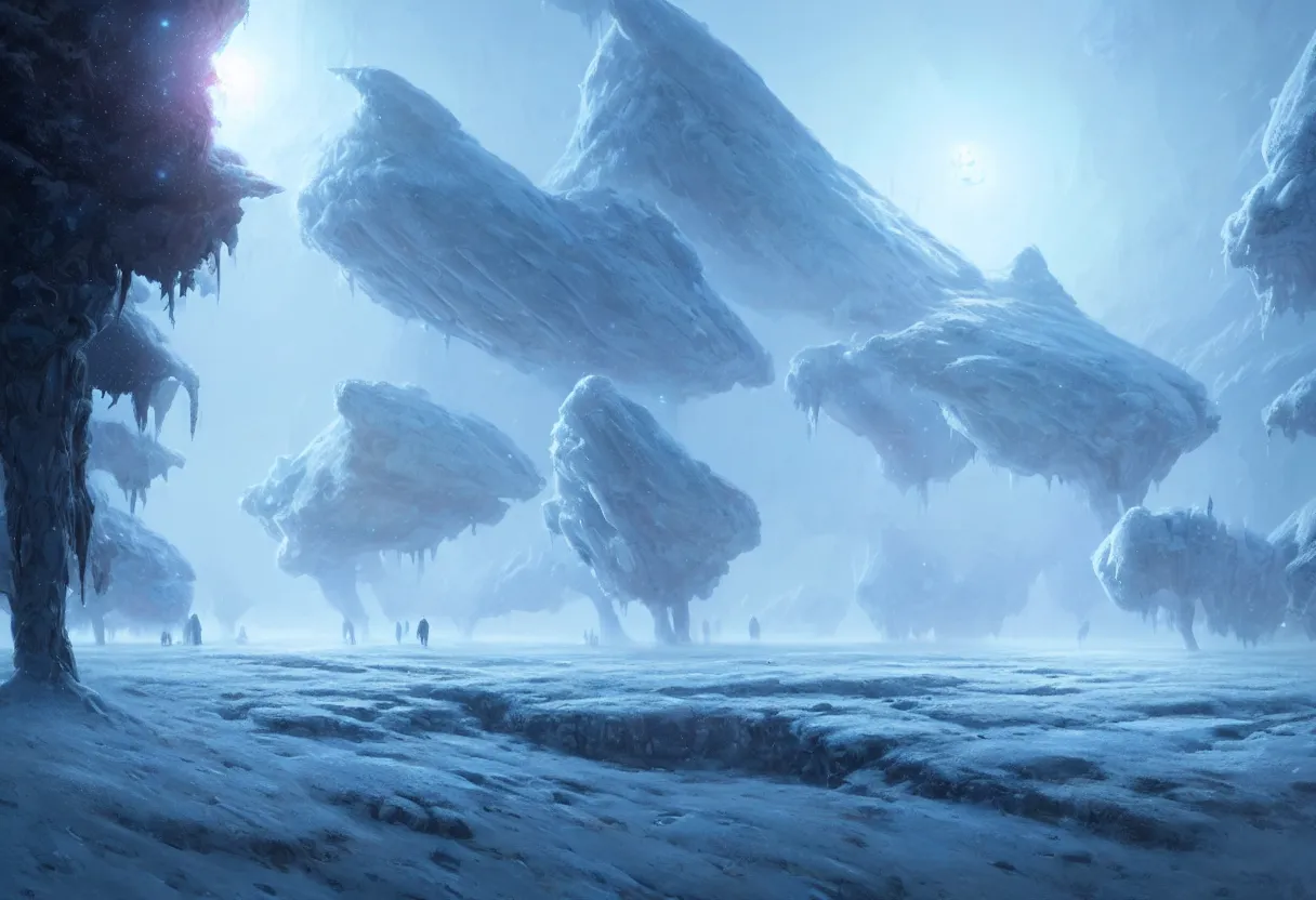 Prompt: ground level view, surface of frozen winter alien planet. morning fog, ultra high definition, ultra detailed, matte painting, by greg rutkowski and ross tran and wlop