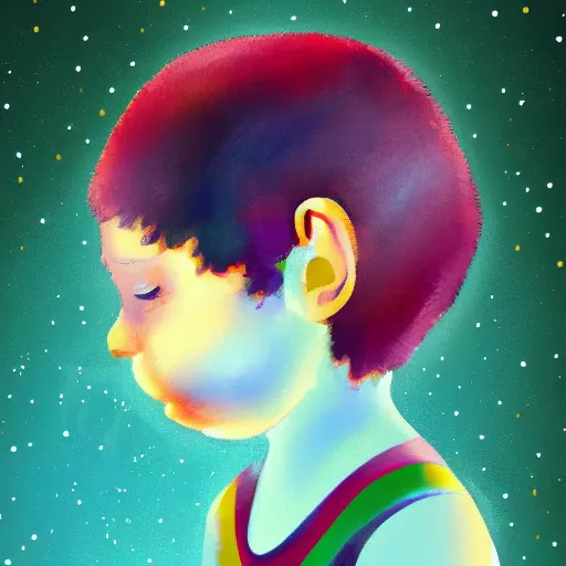 Prompt: a kid thinking of the universe, digital painting, elegant color palette