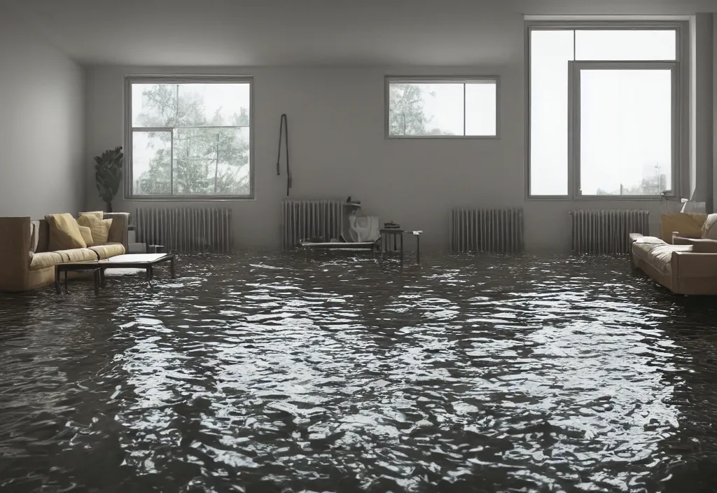 Image similar to kodak portra 4 0 0 photographic and realistic, 7 0 s living room, detailed, octane render, unreal engine, 4 k, artstation, hyper realistic, wide angle, floor flooded, how a river, objects that float, 3 5 mm, sharp focus, soft light, volumetric light fog, in the style of gregory crewdson