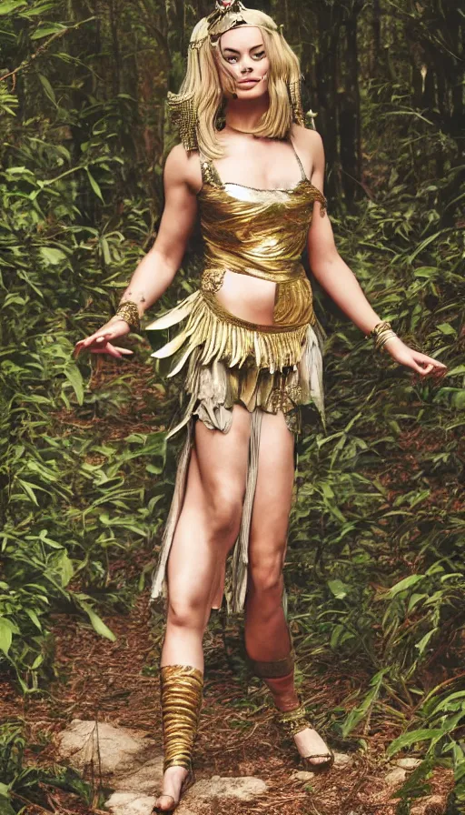 Image similar to beautiful margot robbie cosplaying as cleopatra, photo in a forest, barefoot