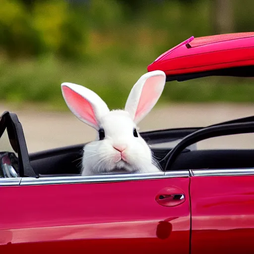 Image similar to a cute bunny driving a convertible, studio photo, high quality