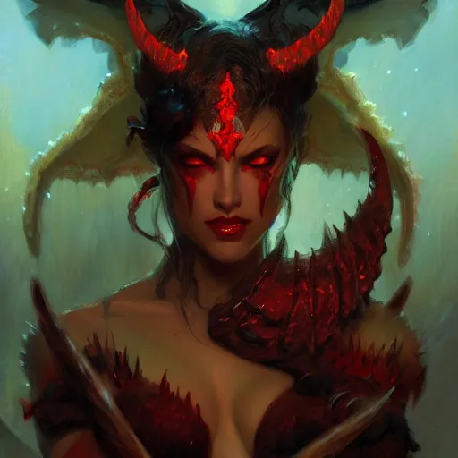 Image similar to attractive demon queen with red eyes painting by gaston bussiere, craig mullins, luis rollo, portrait, digital painting, highly detailed, artstation, sharp focus, illustration, concept art