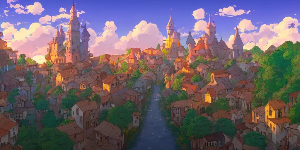 Image similar to landscape screenshot of a colorful medieval town from Hayao Miyazaki (Studio Ghibli), golden hour