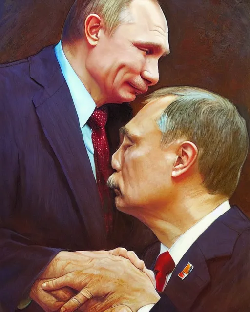 Image similar to portrait of Putin and Viktor orban kissing by Mandy Jurgens and Richard Schmid and chuck close and mucha