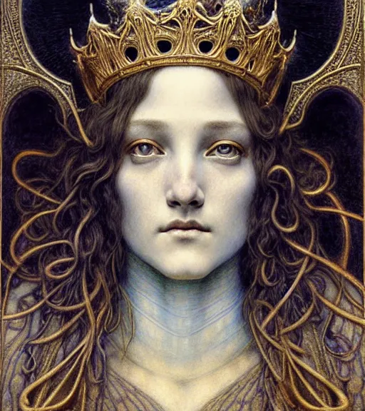 Image similar to detailed realistic beautiful young medieval queen face portrait by jean delville, gustave dore and marco mazzoni, art nouveau, symbolist, visionary, gothic, pre - raphaelite. horizontal symmetry