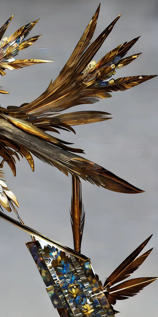 Image similar to beautiful physical detailed render of a sacred bow weapon made of crystal, the style of louis comfort tiffany, pascal blanche, zigor samaniego, paul pepera, ellen jewett, weapon design, mechanics, weapon model, feather, wing, exquisite, metal, structure, c 4 d, 3 d render,, unreal engines, light effect, 4 k hd