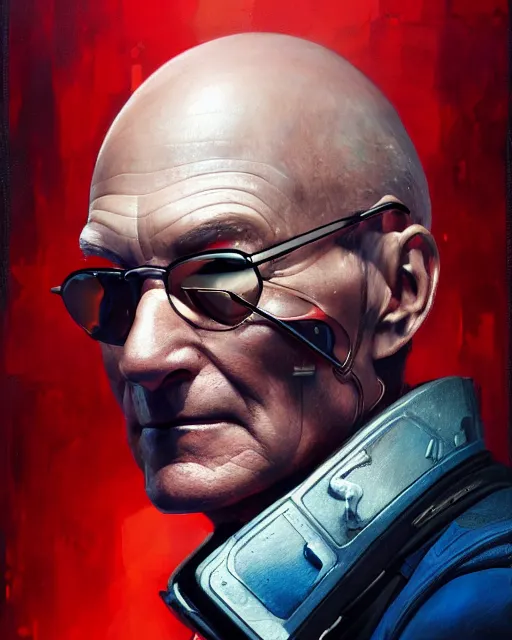 Image similar to a highly detailed portrait of Sir Patrick Stewart as Captain America, by greg rutkowski and android jones in a surreal portrait style, oil on canvas, ancient cyberpunk 8k resolution, masterpiece