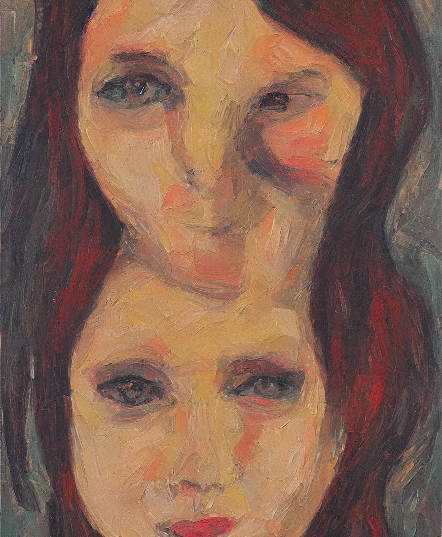 Prompt: symmetrical portrait of a beautiful girl, expressive abstractionism, impressionism, many small saturated hard relief strokes of oil on canvas with high detail