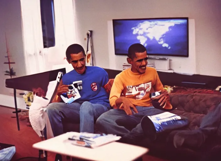 Prompt: color film photography 1970s, Barack Obama playing Smash Bros Melee, soft focus, nostalgic, 35mm, film photo,