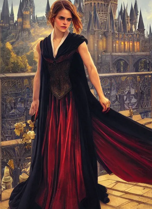 Prompt: oil painting of emma watson giving seductive look wearing black robes with red and gold lining. hogwarts in background beautiful detailed face. by artgerm and greg rutkowski and alphonse mucha