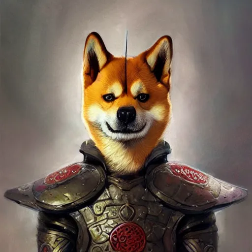 Image similar to anthropomorphic shiba inu, wearing anime berserk armor and sword, darkness aura red light, fantasy, dark, portrait art by donato giancola and greg rutkowski, realistic face, digital art, trending on artstation, symmetry