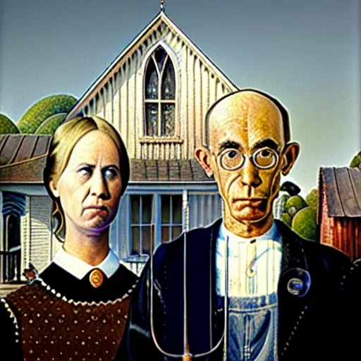 Image similar to A portrait of American Gothic by Grant Wood, but the people are astronauts.