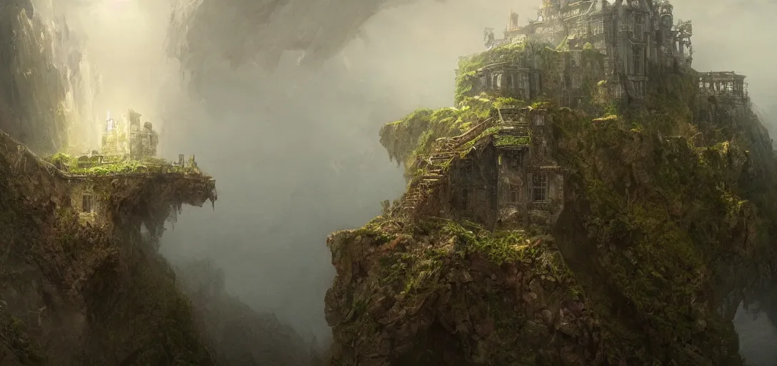 Image similar to old big mansion hanging over a cliff, overseeing an ocean, horror, fog, scary, hyper detailed, 8k, james gurney, greg rutkowski, john howe, artstation
