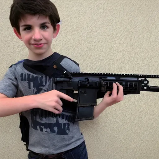 Image similar to boy from Diary of a Wimpy Kid holding an AR-15