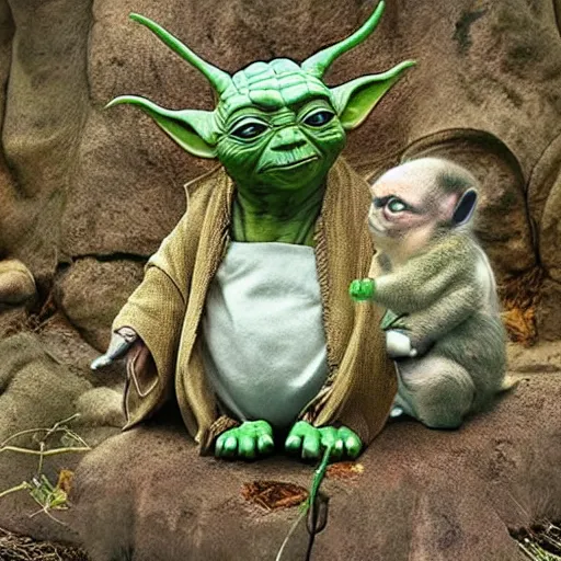 Image similar to a civilization of members of Yoda's species interacting with eachother, award winning nature photograph