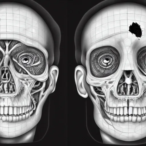 Prompt: a single eye ball connected to a broken skull by connective tissue and ligaments