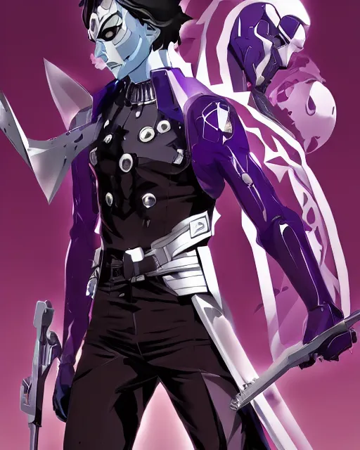 Image similar to persona 3 main character merged with Thanos persona, SMT Persona 3, Digital Devil Saga, character design, dramatic illustration by Kazuma Kaneko and Ross Tran, trending on ArtStation, ultra HD, 8k