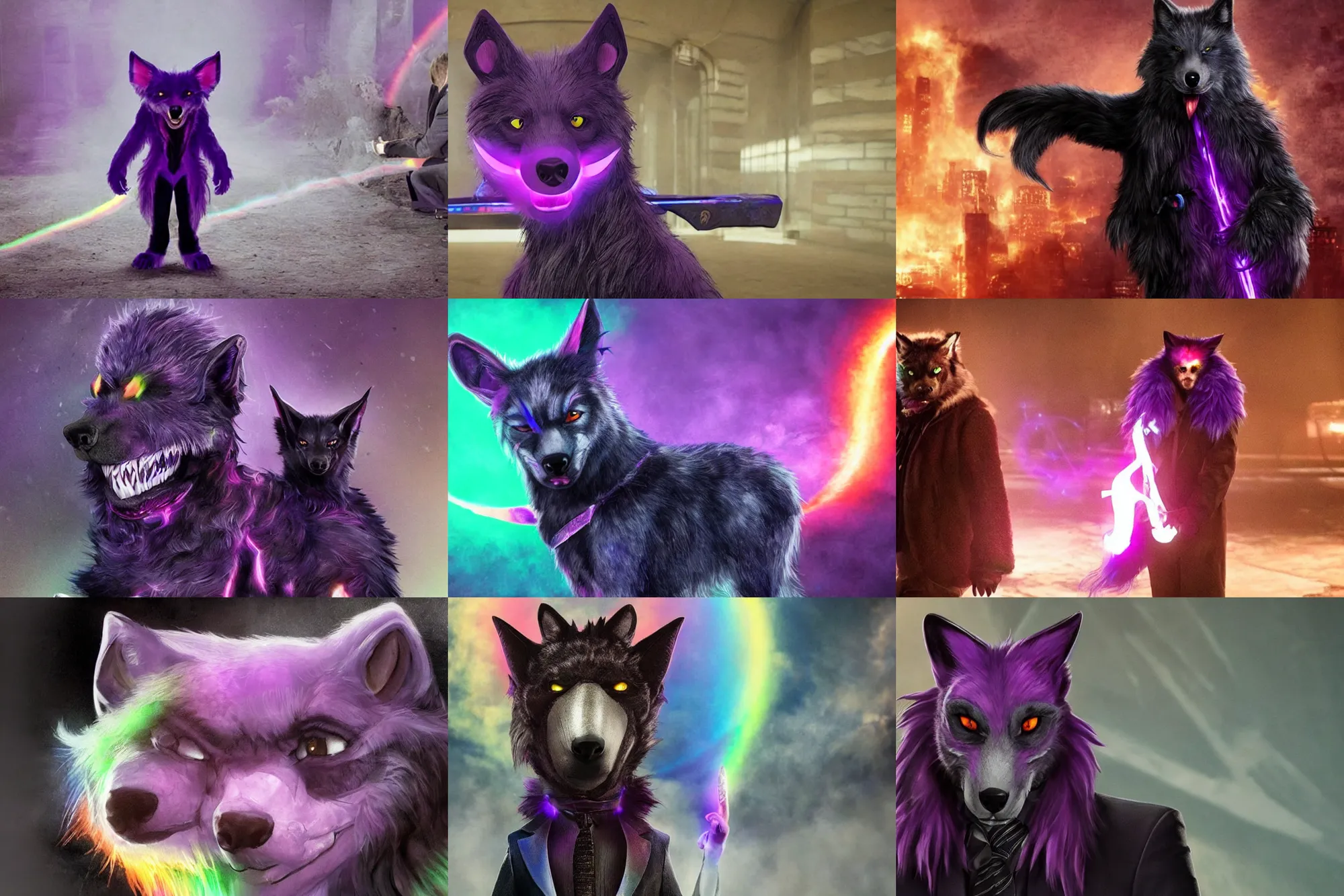 Image similar to ( with a glowing rainbow tail ) a purple wolfbat fursona ( from the furry fandom ) wearing an eyepatch, as a photo from the john wick movie series