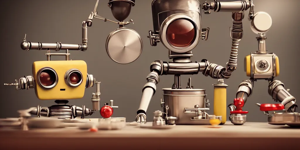 Image similar to closeup portrait of tin toy retro robot scientists cooking pastry in a kitchen, depth of field, zeiss lens, detailed, centered, fashion photoshoot, by nicoletta ceccoli, mark ryden, lostfish, breathtaking, 8 k resolution, extremely detailed, beautiful, establishing shot, artistic, hyperrealistic, octane render