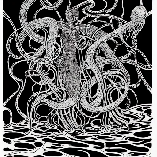 Prompt: a line drawing of a medusa semi submerged in a puddle of black liquid in moebius style