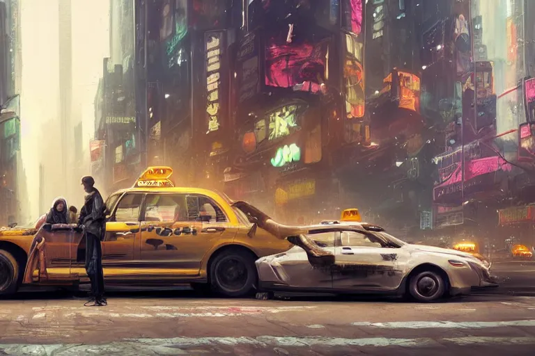 Prompt: beautiful matte painting of taxi car in cyberpunk new york with a boy and his grandma robogran by greg rutkowski
