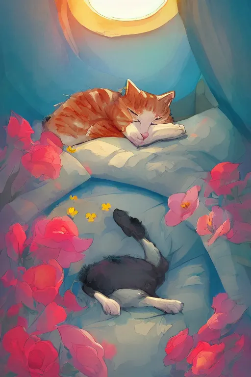 Image similar to a digital art of a cat sleeping in the room with flowers around in the afternoon, the sun shines in, storybook art, watercolor, detailed, cute, by anton fadeev, featured on artstation