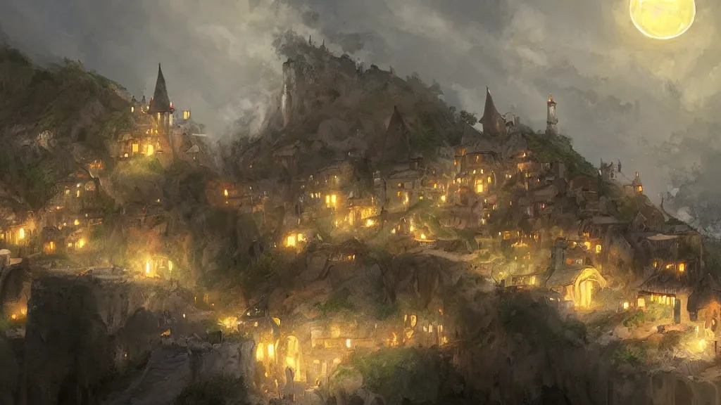 Prompt: A medieval fantasy village on the side of a cliff by the ocean , crescent moon, light glowing from windows at night, smoke from chimneys concept art by James Paick