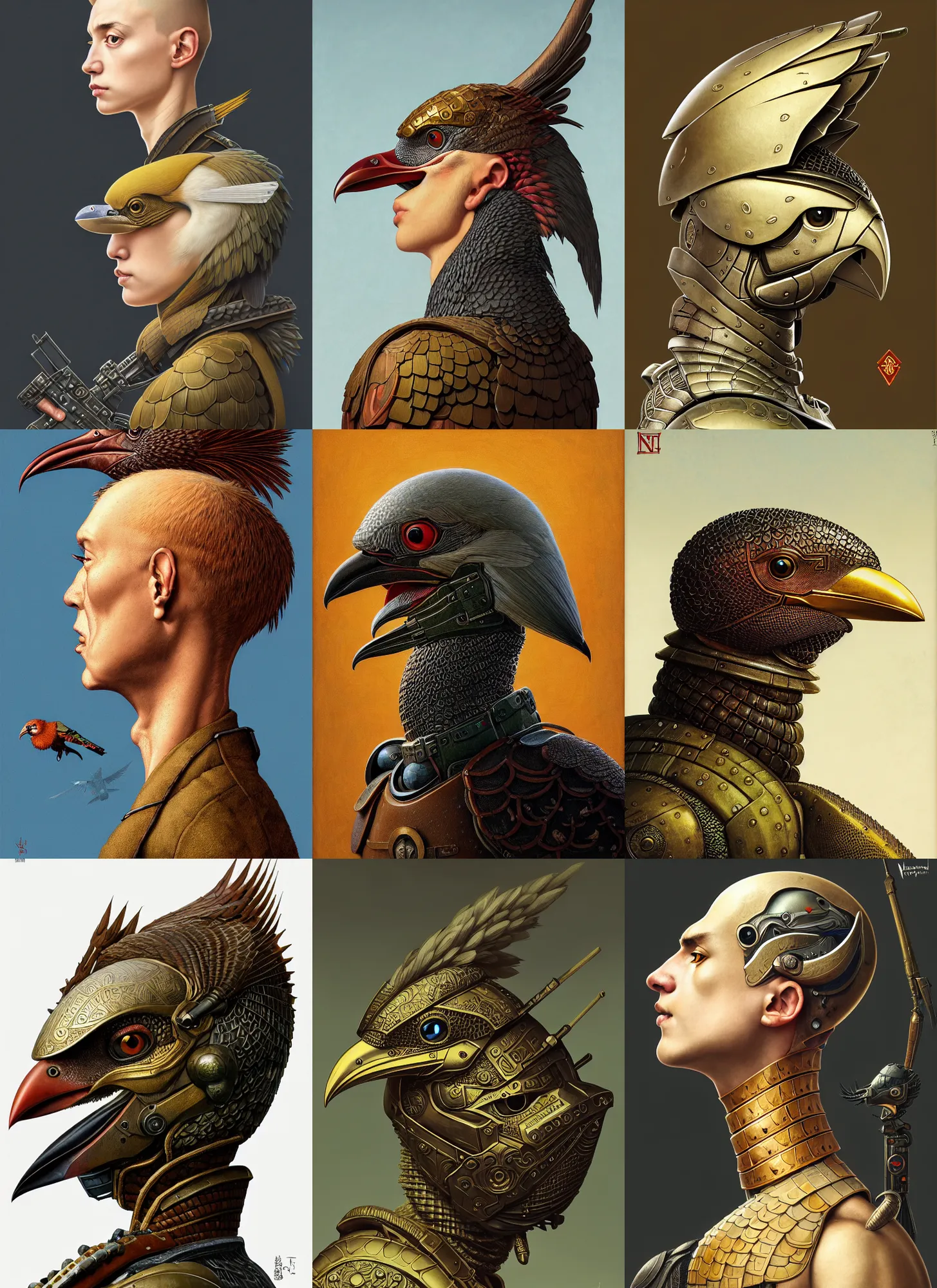 Prompt: rpg! profile! portrait of armored humanoid bird on white background, beak, anime, intricate, highly detailed, digital painting, artstation, concept art, smooth, sharp focus, illustration, art by norman rockwell emiliano ponzi andrey remnev yoann lossel john currin aaron jasinski ivan albright hsiao - ron cheng, 8 k