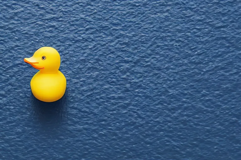 Image similar to a photo of a yellow rubber duck on a background of a blue ocean, front view, close up, photorealistic, 8 k