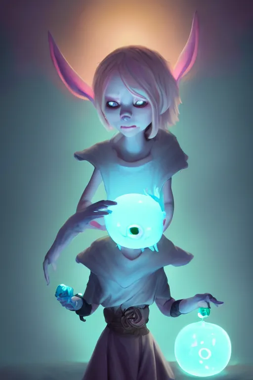 Prompt: super cute Bioluminescent Demon summoner character concept, soft light, soft mood, realistic body features and face, illustration, painting oil on canvas by Elena Zhurikhina and Goro Fujita and Charlie Bowater, octane render trending on artstation, 4k, 8k, HD