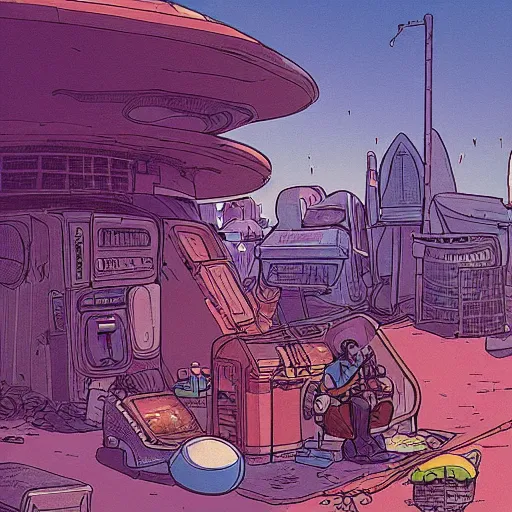 Prompt: an illustrated portrait of a person living is a small slum town on an alien world. science fiction art. colourful junk. moebius. very clean illustration