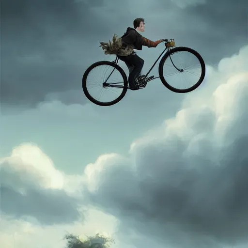 Prompt: A fancy portrait of a happy man flying in the sky on his bicycle in the clouds, perfect expression, Greg Rutkowski, Maciej Kuciara, 8k photorealistic, volumetric lighting, HD, high details, dramatic, warm atmosphere, trending on artstation